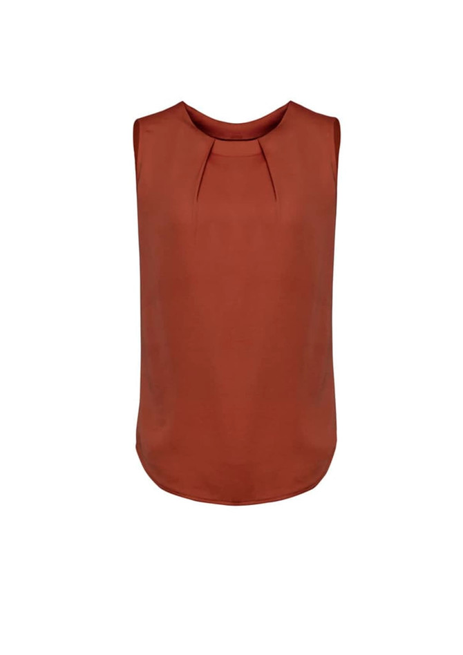 A sleeveless blouse in a warm rust colour featuring pleat detail at the front and a rounded hem.