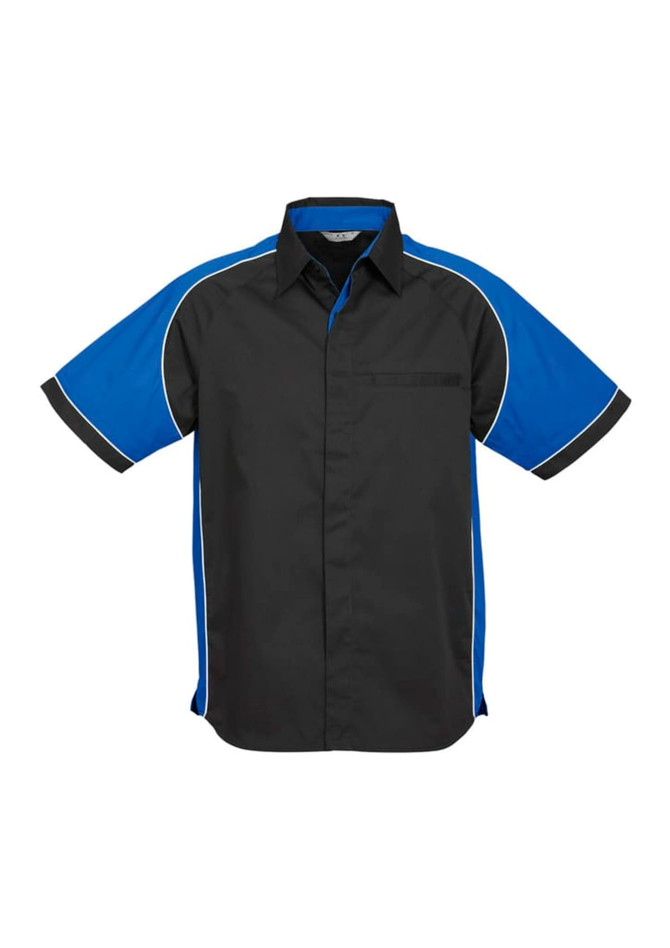 A black and blue short sleeve button-up shirt with a pocket and contrasting side panels. The shirt features a logo.