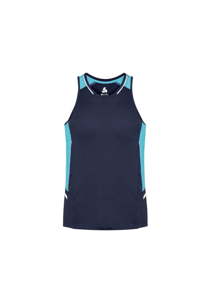 A navy and light blue singlet featuring a logo, designed for men.