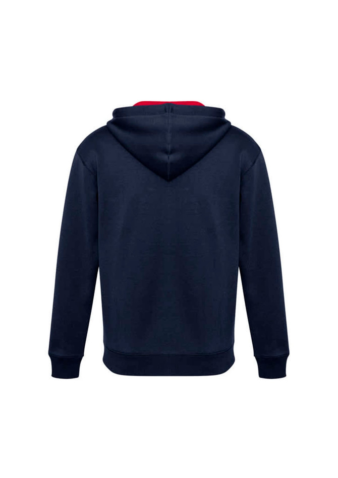 A navy blue hoodie featuring a red interior. It has a hood and long sleeves, with a logo on the back.