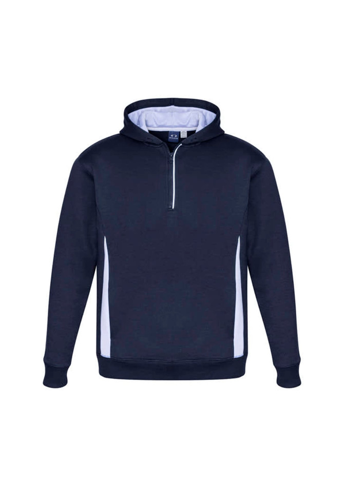 A navy hoodie with white side panels, featuring a zip and a hood. It includes a logo on the front.
