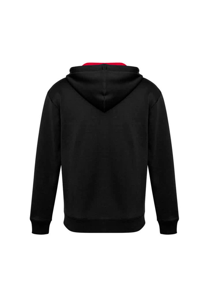 A black hoodie with a red lining, featuring a hood and long sleeves, shown from the back. It has a logo.