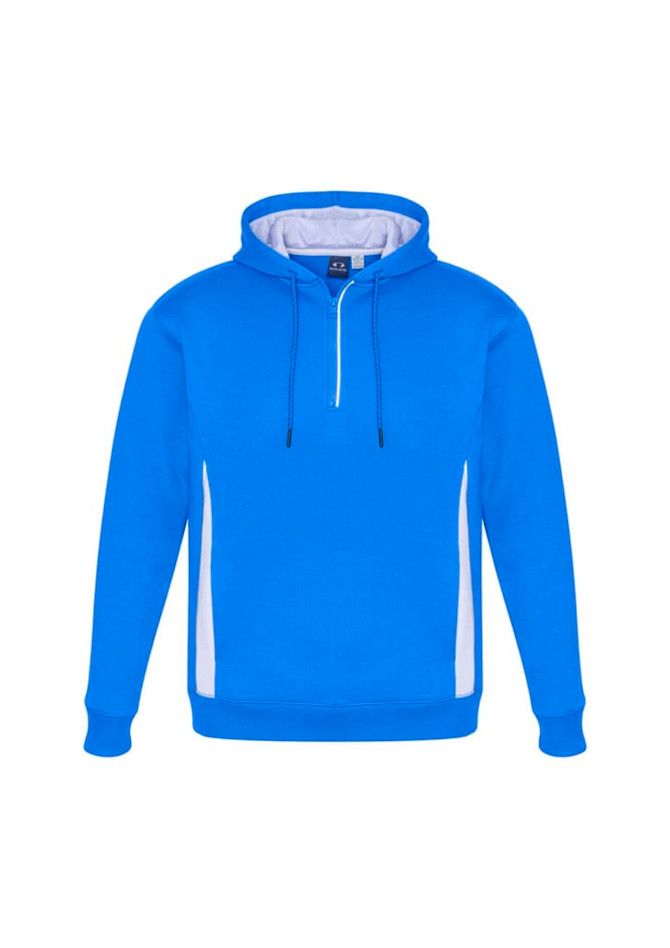 A blue unisex hoodie with a white side design and a front zip. It has a hood and a logo on it.