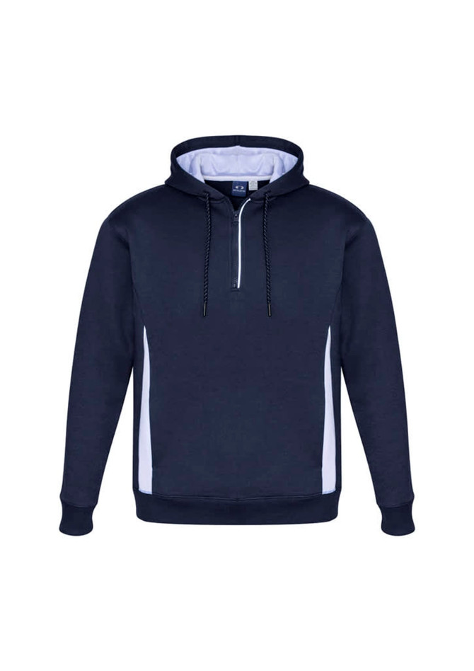 A navy blue unisex hoodie with white side panels and a zipper at the collar, featuring a logo on the front.