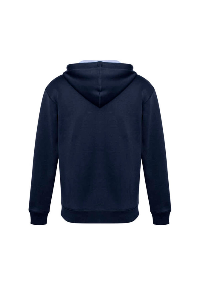 A navy blue hoodie with a hood and long sleeves, featuring a logo on the back.