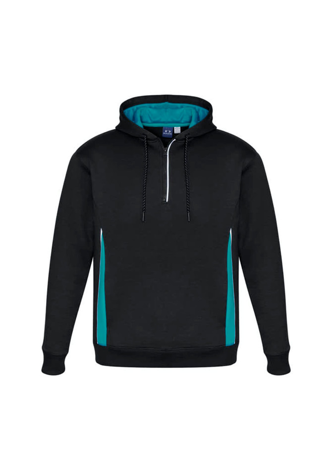 A unisex hoodie in black with teal accents and a front zip. It features a hood and a logo on the label.
