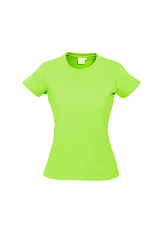 A bright green women's short sleeve tee with a fitted design, featuring a logo on the chest area.