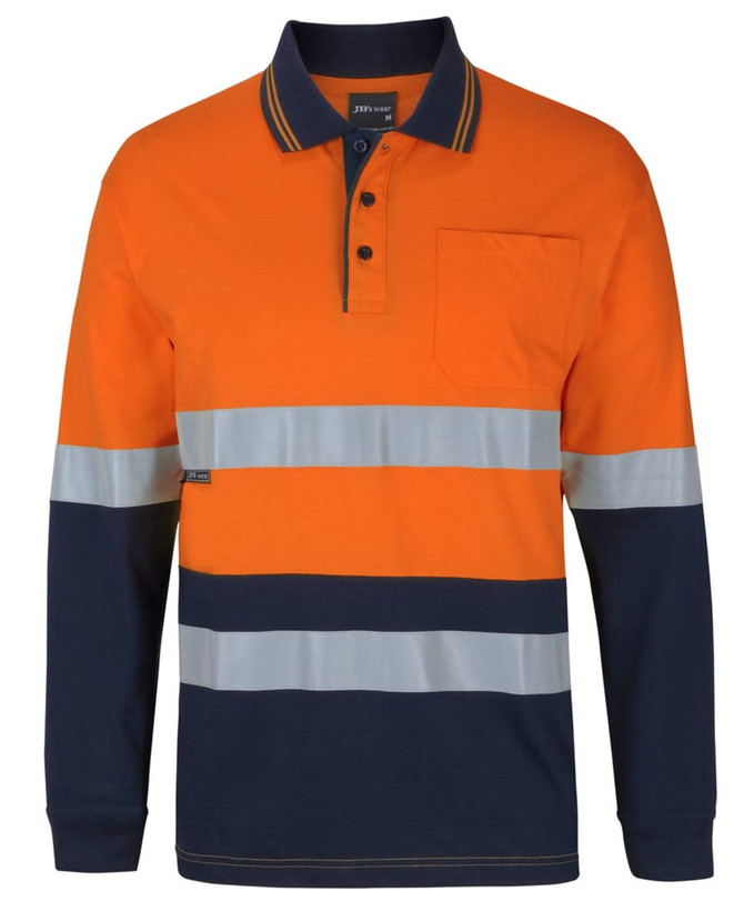 An orange and navy long-sleeve cotton polo shirt with reflective stripes and a pocket, featuring a logo.
