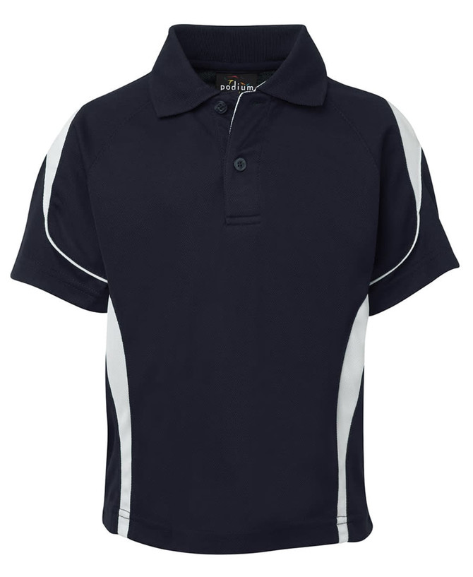 A navy polo shirt with white side stripes and a collar featuring a small logo.