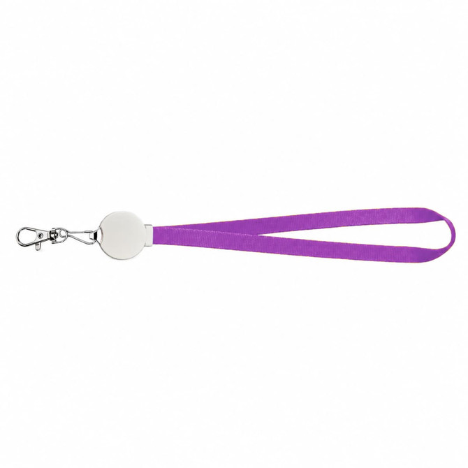 A purple lanyard cable with a round clip at one end and a metal attachment for securing items.