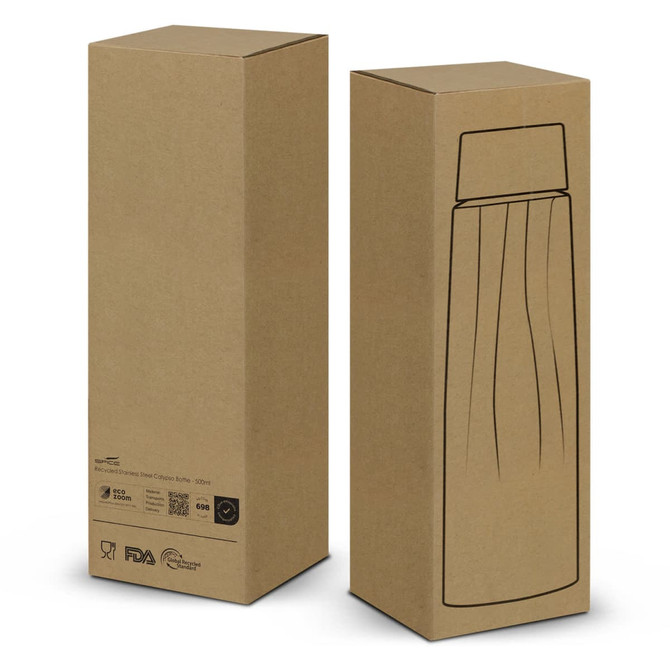 A drink bottle packaging in brown cardboard, featuring a simple line drawing of a bottle on the front.