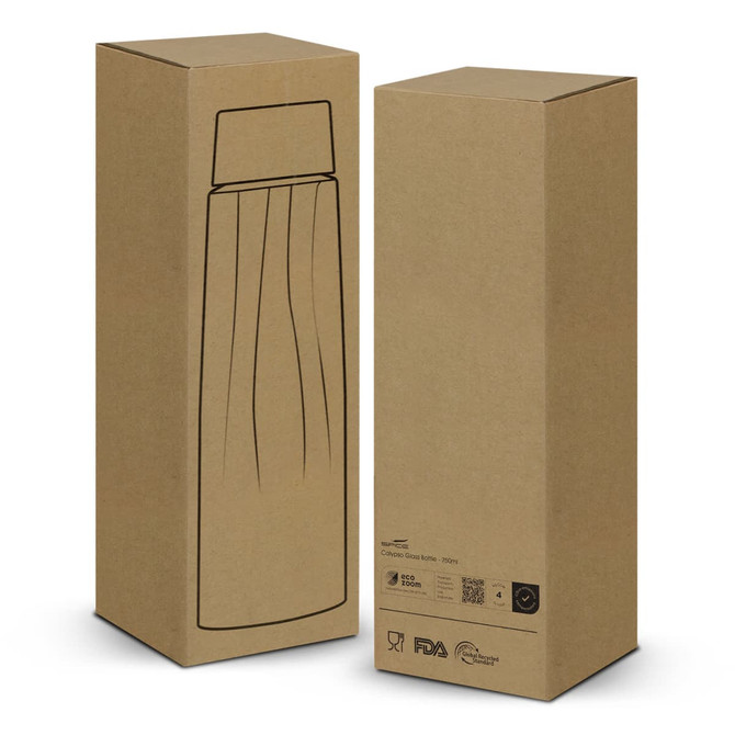 A drink bottle packaging in a brown cardboard box with an illustrated design, featuring a logo.