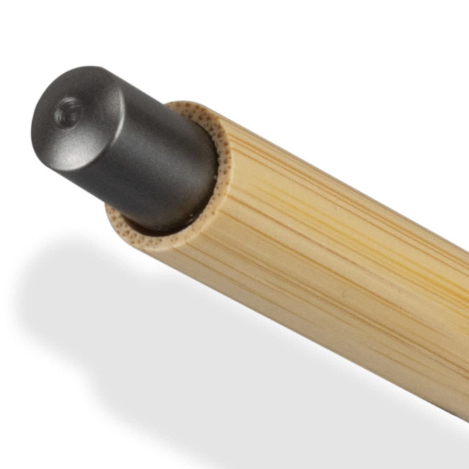 A bamboo pen with a metallic tip and a cylindrical design, featuring a logo on the surface.