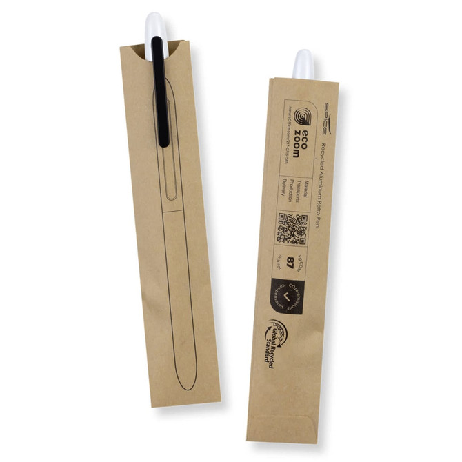 A metal pen in a kraft paper packaging, featuring a black writing tip and a white clip. The packaging has a logo.