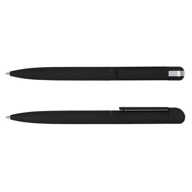 Two black metal pens with varying designs, one featuring a chrome tip and the other with a clip. Both have a logo.
