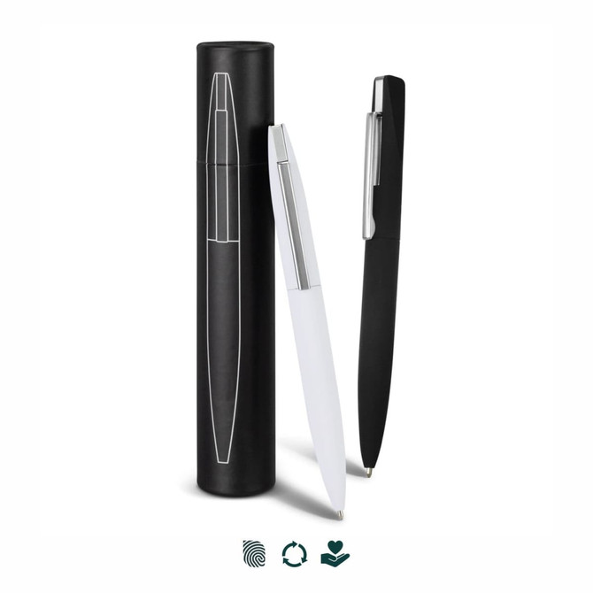 A metal pen set in black and white, with a sleek design, displayed alongside a matching cylindrical case.