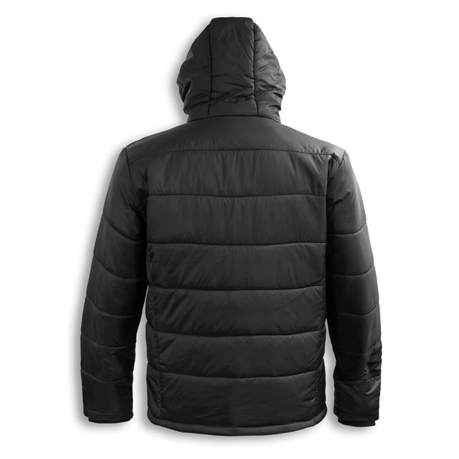 A black puffer jacket with a hood, featuring a quilted design and a logo. Viewed from the back.