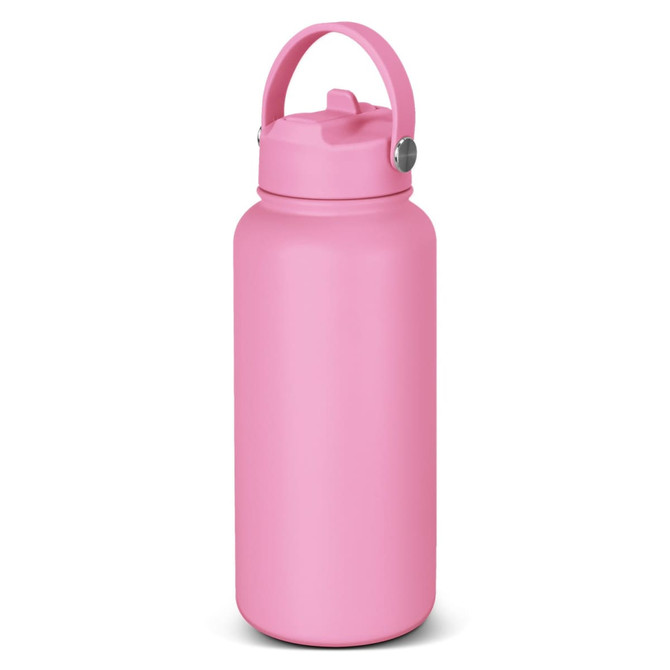 A drink bottle in a vibrant pink shade with a flip-top lid and a handle for easy carrying. It features a logo.