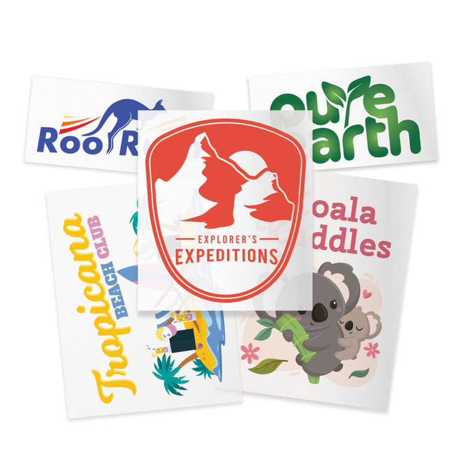 Five colorful promotional transfers featuring various designs, including a logo and playful illustrations of animals and landscapes.