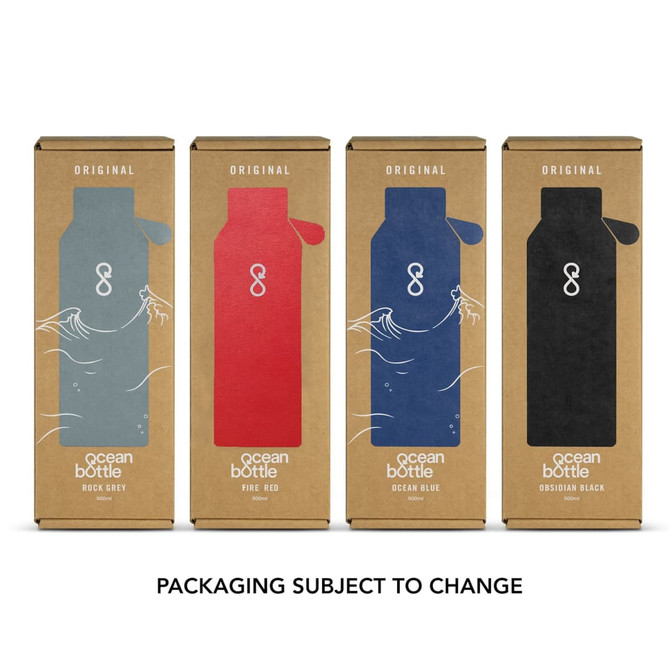 A drink bottle collection featuring four colours: Rock Grey, Fire Red, Ocean Blue, and Obsidian Black, each in a box with a logo.
