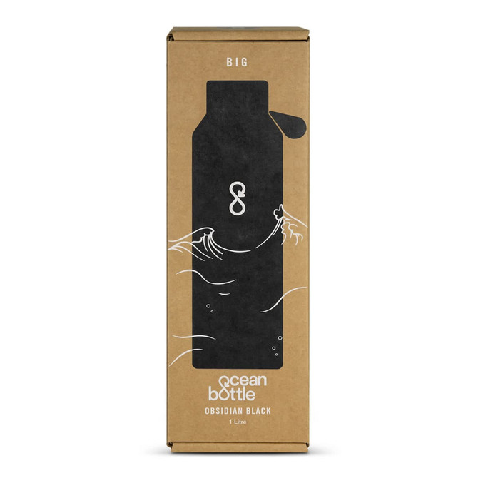 A drink bottle in obsidian black, displayed in a kraft cardboard box with a logo.
