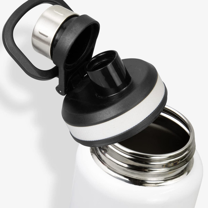 A drink bottle in white with a black lid and an opening ready for use. It features a handle and a logo.