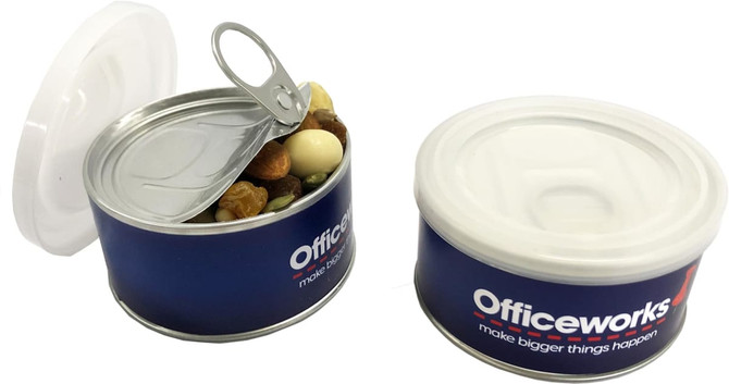 A small blue pull can containing a mix of nuts and yoghurt-covered treats, with a silver lid and branding.