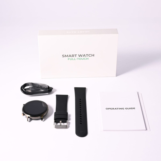 A smart watch with a round face, black straps, a charging cable, and an operating guide against a white background.
