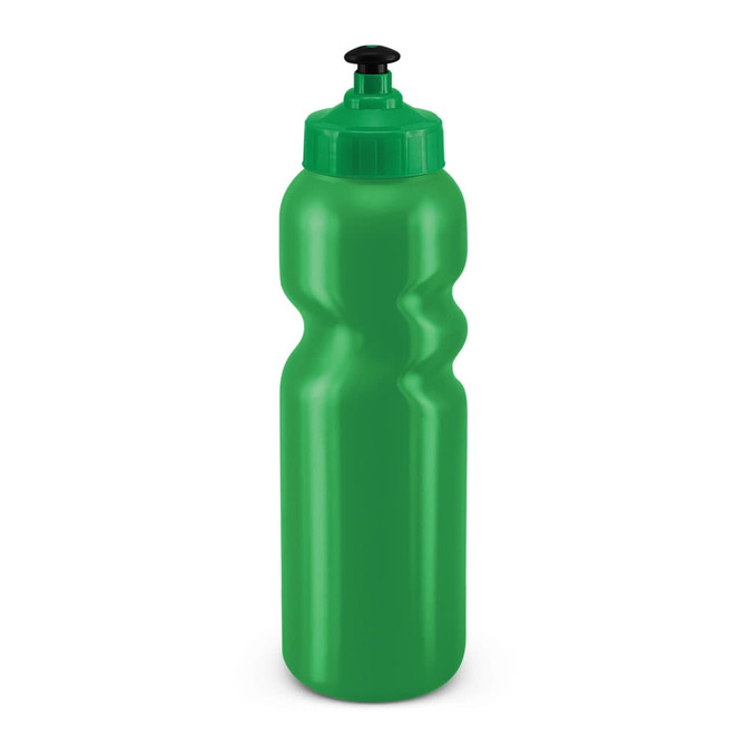A drink bottle in a vibrant green color with a twist-top cap and an ergonomic grip design.