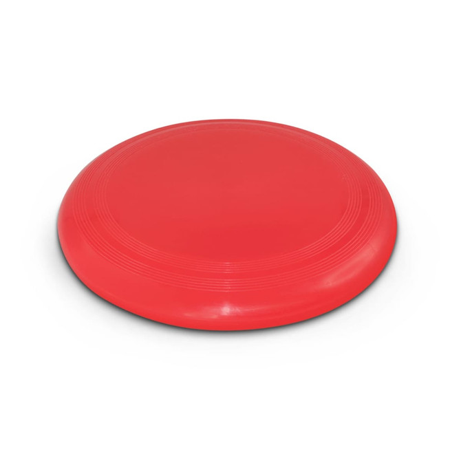 A red flying disc with a smooth, rounded surface.
