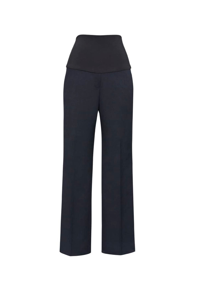 A pair of navy maternity pants with a black stretchy waistband, featuring a simple design and no visible branding.