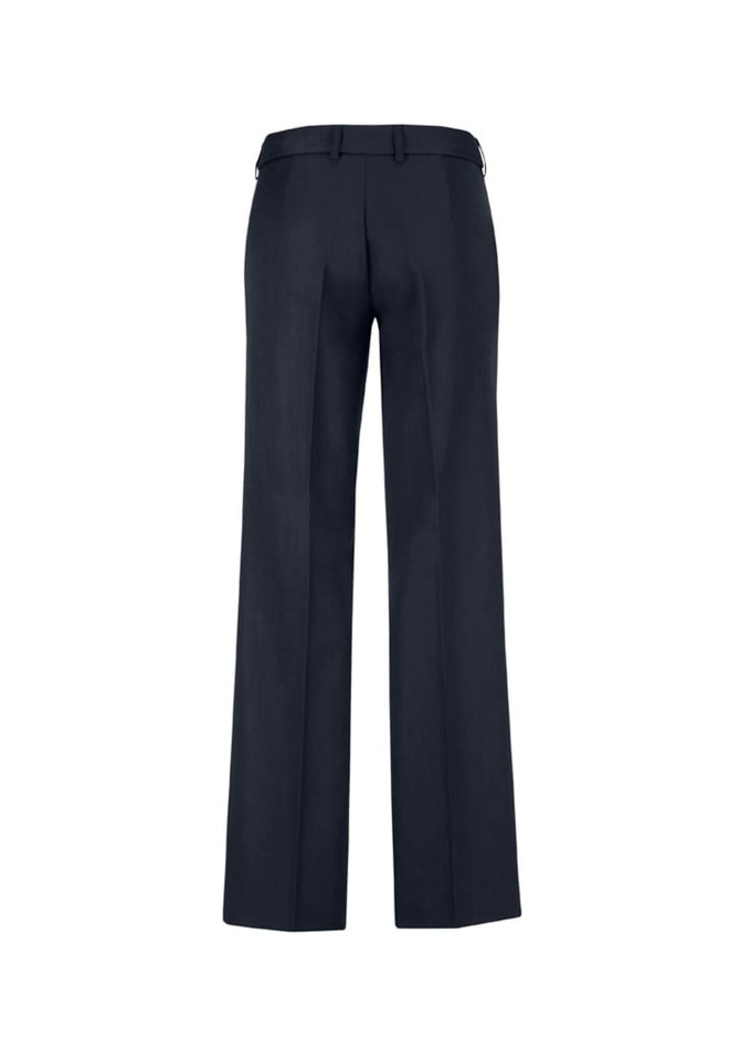 A pair of navy women's adjustable waist pants with a straight leg cut, featuring a back view.