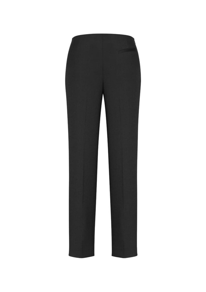 A pair of women's slim leg pants in black, featuring a bandless design and a pocket at the back.