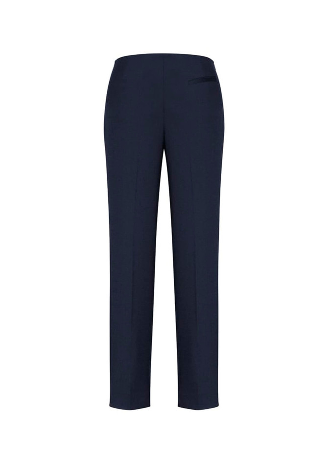 Navy blue women's slim leg pants with a bandless design and a single back pocket. Includes a logo.
