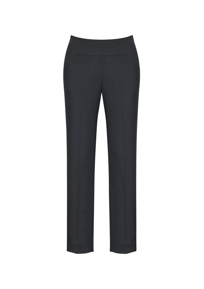 Women's slim leg pants in dark grey with a bandless design, featuring front pockets and a smooth finish. Brand logo present.