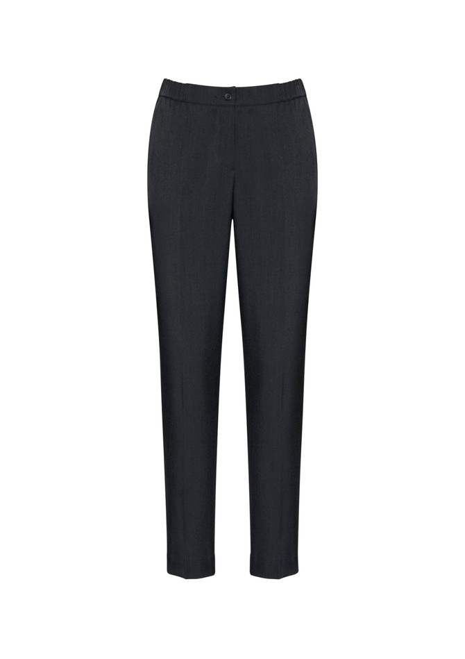 A pair of dark grey women's slacks with a slim fit and a waistband, featuring a casual yet stylish design.