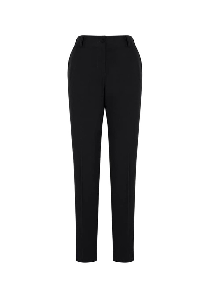 A pair of black women's bandless elastic waist pants with a tailored fit and side pockets.