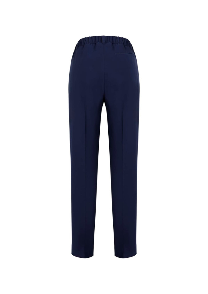 A pair of women's bandless elastic waist pants in navy, featuring a smooth fabric and a back pocket.