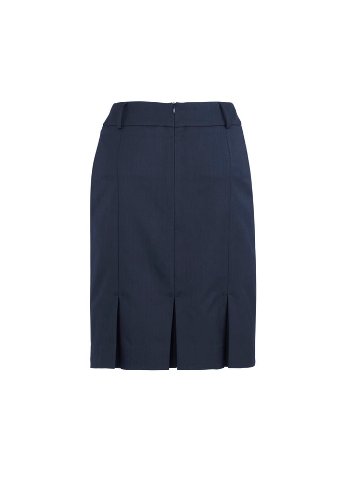 A women's navy pleated skirt featuring a structured design and back zip. It has a branding logo on the waistband.