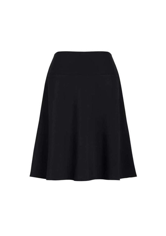 A black flared skirt with a bandless waist, featuring a smooth, flowing design.