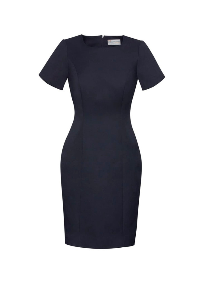 A short sleeve shift dress in navy blue with a fitted silhouette and a subtle brand logo.