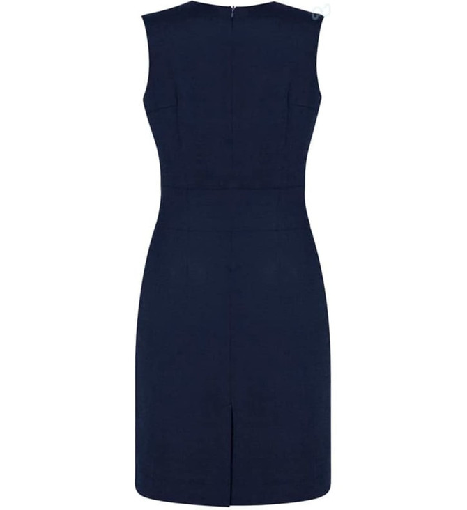 A sleeveless women's dress in navy blue with a V-neck and a back zipper, featuring a split hem.