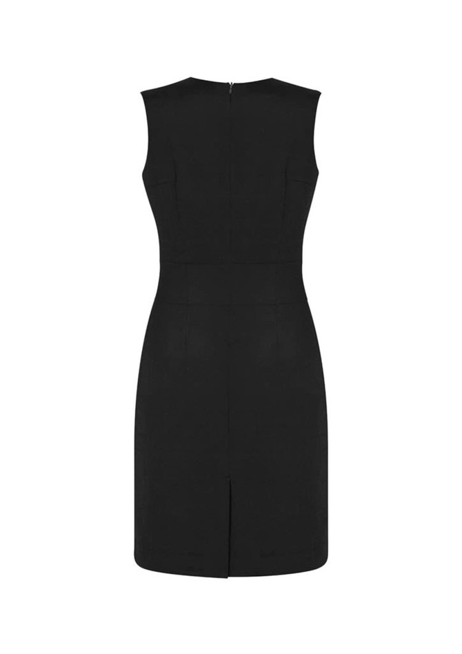 A black sleeveless dress featuring a V-neck design and a back zipper. The dress has a fitted silhouette and a slit at the back.