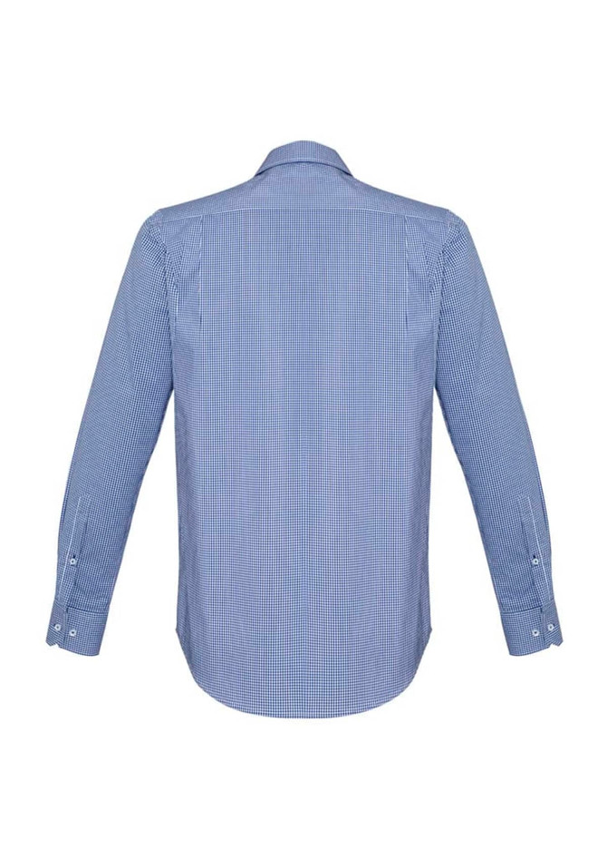 A men's long sleeve button-up shirt in blue and white checkered pattern, featuring a logo on the back.