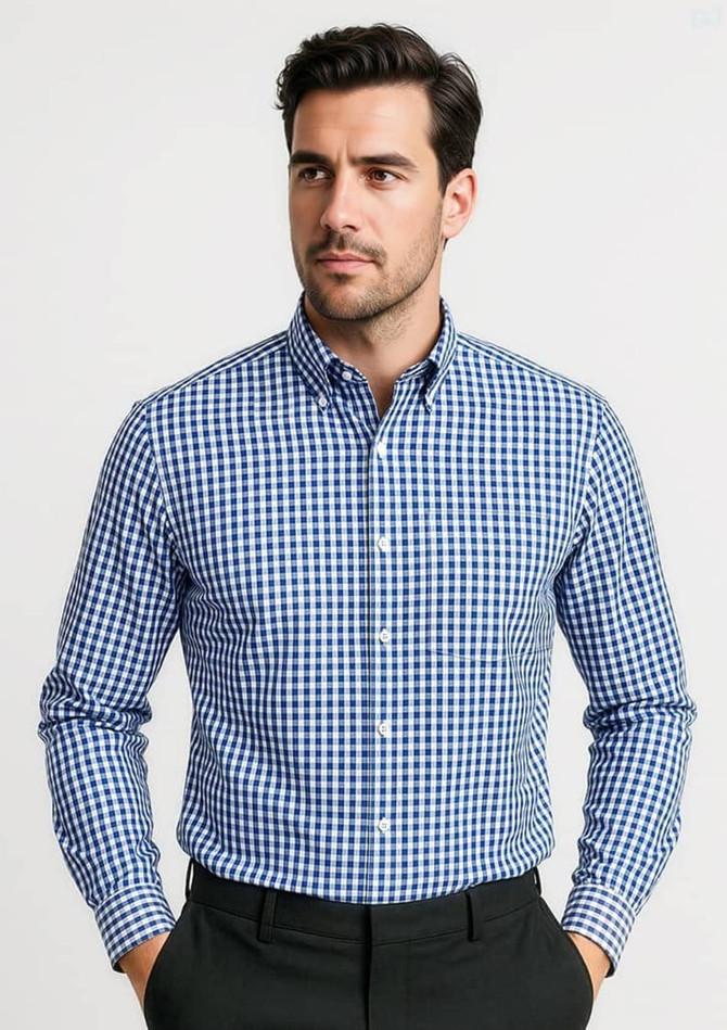 A blue and white checkered long sleeve button-up shirt featuring a collar and a small logo.