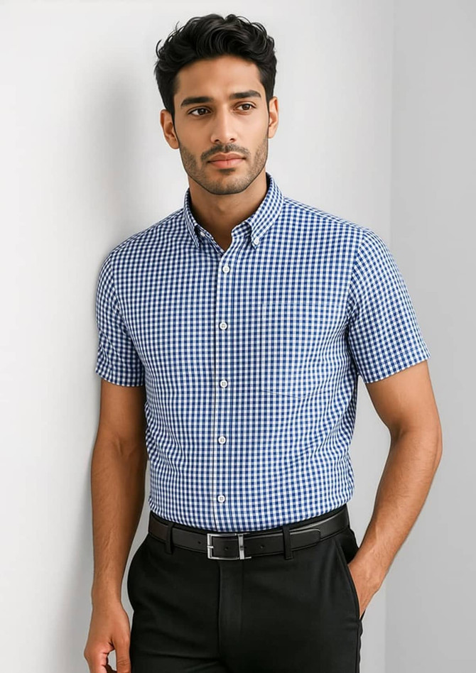 A short-sleeve button-up shirt in blue and white gingham pattern, featuring a collar and a branded logo.