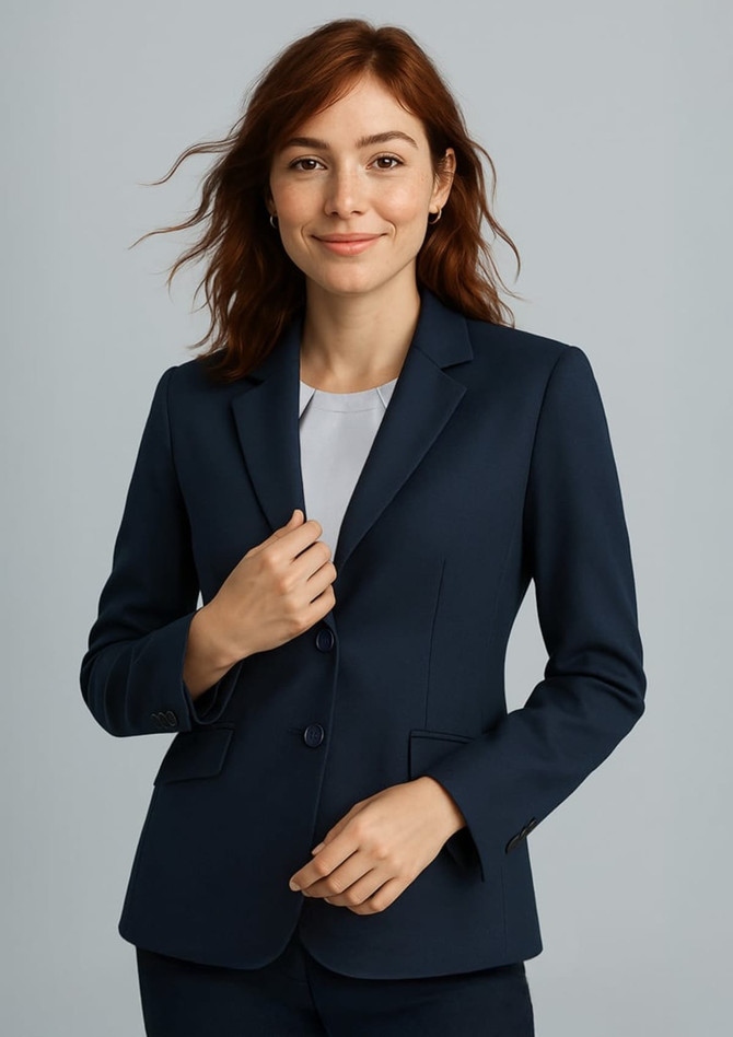 A woman wearing a navy blue longline jacket, featuring a fitted design and a button closure. The jacket has a logo.