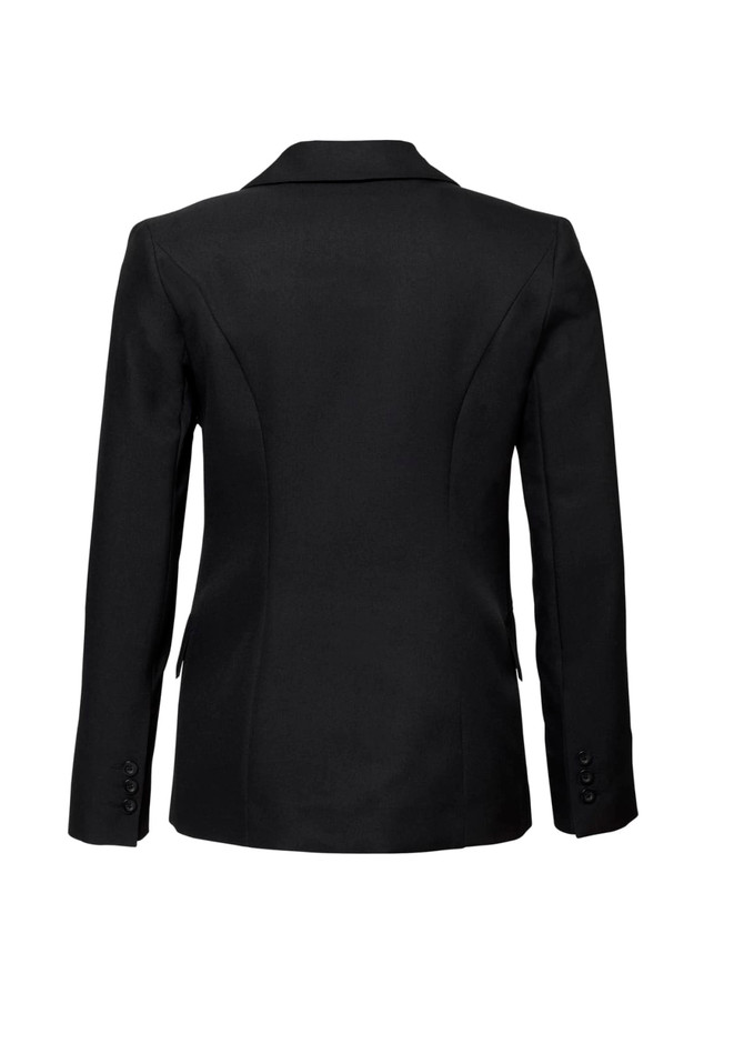 A women's black longline jacket with a tailored fit and button detail on the sleeves, featuring a logo.
