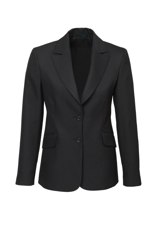 A black longline jacket with a notched lapel, featuring two front pockets and a single-button closure. It has a logo.