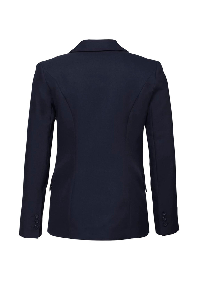 A navy longline jacket featuring a fitted design and buttoned cuffs, with a logo on the back.
